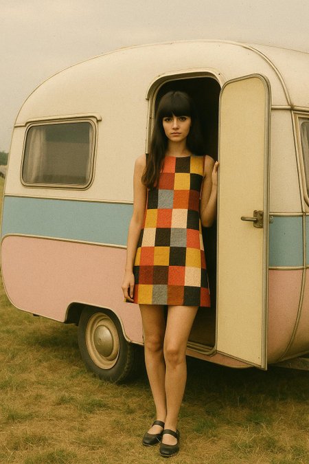 ;;; Vintage Caravan Portrait - Retro Field
(define mod-girl-caravan
  '((camera
     (body vintage-film-camera)
     (lens 50mm-f1.8)
     (film kodak-gold-200)
     (settings
      (iso 200)
      (aperture f/4)
      (shutter 1/125)))
    
    (subject
     (woman young-mod-style)
     (appearance
      (hair long-dark-bangs)
      (dress patchwork-squares)
      (style 60s-mod-fashion)
      (pose standing-doorway)))
    
    (caravan
     (type vintage-travel-trailer)
     (colors
      (top white-cream)
      (middle baby-blue-stripe)
      (bottom pink-stripe-cream)
      (roof rounded-aluminum))
     (condition well-preserved)
     (door open-welcoming))
    
    (setting
     (location open-field)
     (ground grass-sparse)
     (background
      (structures distant-buildings)
      (sky overcast-soft))
     (atmosphere festival-camping))
    
    (technical
     (quality film-grain-visible)
     (color slightly-faded)
     (processing vintage-print))
    
    (mood
     (era 1960s-revival)
     (feeling free-spirited)
     (aesthetic retro-wanderlust))))
