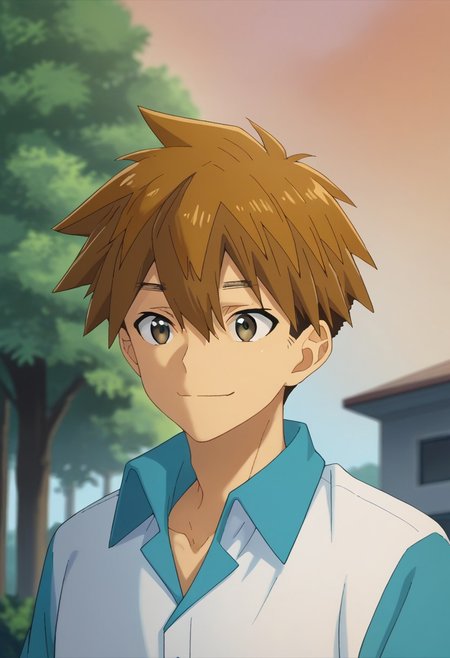 score_9, score_7_up, source_anime, 
yokoya, 1boy, male focus, solo, brown eyes, brown hair, hair between eyes, short hair, multicolored clothes, shirt, collared shirt, blue shirt, white shirt, short sleeves, smile,
outdoor, sky, tree, cloud,
