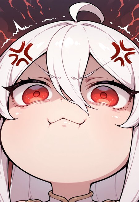 masterpiece, best quality, 1girl, solo, face focus, front view, closeup, intense expression,
elf ears, white hair, hair between eyes, long hair, red eyes, chibi,
:3,ahoge,anger vein,angry,looking at viewer,trembling, furious,enraged,wide eyes,