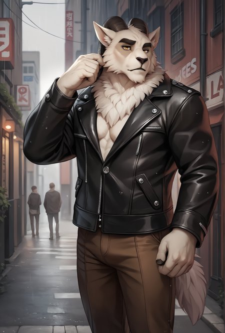 score_9, score_8_up, score_7_up, score_6_up, score_5_up, score_4_up,  <lora:massak_fluffkevlar_ponyXL_v1_0.99:1> massak, 1boy, solo, realistic fur, body fur, realistic, yellow eyes, muscular, leather jacket, open jacket, pectorals, urban, lamppost, brown pants, rain