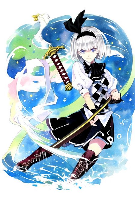 solo, 1girl, solo_focus, ((too many)):16, 
watercolor (medium), traditional media, 
konpaku_youmu_(koumajou_densetsu), solo, 1girl, black_hairband, short_hair, cross-laced_footwear, hairband, lace-up_boots, sheath, sword_on_back, silver_hair, hair_ribbon, short_sleeves, white_hair, purple_eyes, fingerless_gloves, serious, argyle_cloth, grey_eyes, hitodama, black_legwear, black_ribbon, brown_footwear, checkered_clothes, checkered_sweater, collared_shirt, expressionless, fighting_stance, messy_hair, neck_ribbon, sleeves_rolled_up, undershirt, black_footwear, black_headband, blue_eyes, dual_wielding, katana, platform_footwear, puffy_short_sleeves, scabbard, spandex, white_shirt, black_ascot, black_skirt, bob_cut, grey_hair, light_smile, lips, medium_breasts, ankle_boots, argyle_shirt, black_socks,