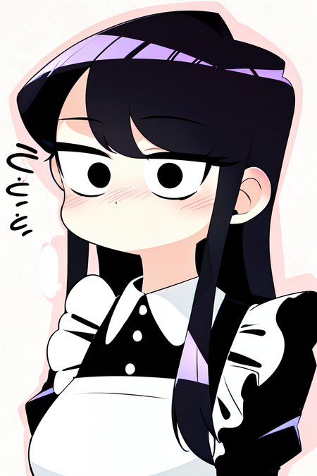 ((komi shouko)), 1girl, apron, black eyes, blinking, dotted background, emphasis lines,komi-san wa komyushou desu, komi shouko, long hair, looking at viewer, maid, no mouth, purple hair, self-upload, solo, sound effects, upper body, nose blush, large eyes,

<lora:komi_shouko:0.5>