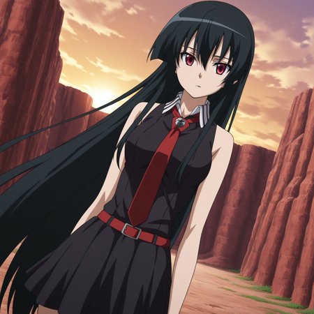 Akame, long hair, black hair, red eyes, inter-eye hair, skirt, dress, tie, sleeveless, belt, shirt, black shirt, collared shirt, red tie, black skirt, outdoors, cowboy shot, solo, dutch angle, looking at viewer,