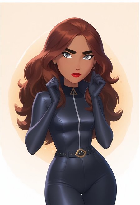 score_9, score_8_up, score_7_up, score_6_up, score_5_up, score_4_up, btimmsketch, cowboy Shot, 1girl, solo, dark skin, dark-skinned female, grey eyes, brown hair, makeup, lipstick, stud earrings, long hair, wavy hair, black gloves, closed black bodysuit, zipper, belt, looking at viewer, standing, pin-up pose, sexy, halftone effect, white borders, abstract background:1.5