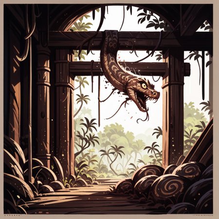 score_9, score_8_up, score_7_up, score_6_up, score_5_up, score_4_up, ink splats around border, gleaming metal snake made of copper, in the workshop of a wizard, lightning shooting from its open mouth, feral, armless, forked tongue, jungle temple
