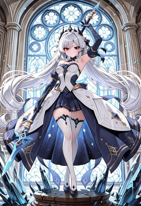 lazypos, anime girl, silver hair, red eyes, ornate dress, blue accents, crystal spear, flowing ribbons, long gloves, thigh-highs, elegant pose, majestic palace, fantasy setting, stained glass, broken crystals, glowing effects, magical weapon, celestial theme, dynamic lighting, high detail, gweeeda, SumiStyle