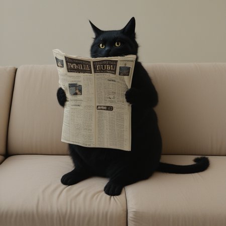 masterpiece, best quality, amazing quality, very aesthetic, high resolution, ultra-detailed, absurdres, scenery, photorealistic, Prompt, BREAK, depth of field, photorealistic details, volumetric lighting,source_photo,solo,1cat,animal focus,no humans,fat cat,feral,manle,black fur,yellow eyes,sitting,couch,holding newspaper