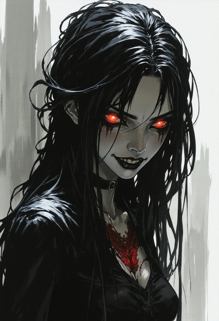 fg, A digital illustration of a woman with long, messy black hair framing her face, piercing glowing red eyes, heavy dark smudged makeup creating a sunken eye effect, a wide unsettling toothy grin. She wears dark, slightly ragged clothing, with subtle dark red smudges around her neck. Digital painting in the style of a dark fantasy horror illustration, eerie atmosphere, dramatic cinematic lighting, muted grey smoky background.