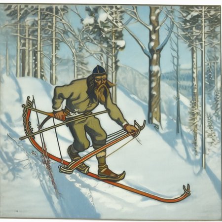 agk_akseligallen-kallela_-_kalevala, male, beard, crossbow, skiing, snow, trees