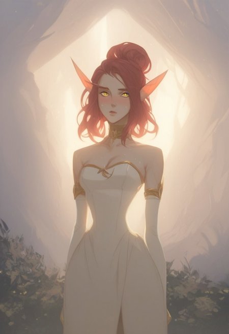 masterpiece,best quality, highly detailed, score_9, score_8_up, score_7_up, score_6_up,source_anime, BREAK, bldelf, small pointed ears, yellow eyes, colored skin, standing in forest, front to viewer, waist up portrait,
knee length dress, yellow flowing dress, puffy dress, poofy arm dress, frilly dress, exposed shoulders, open back dress, wide hips, thick thighs, skinny, muscles, perfect body, red hair, hair bun, big hair, 
solemn, stoic, calm, blush, hot, sweaty, wet skin, warm, heat, looking to viewer, elbow gloves, hands in front,
sunlit, rock, shadow, night time,
portrait, closeup shot, 8k, very detailed, very detailed, high detailed texture, deep of field, cinematic illumination, volumetric lighting,