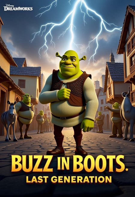 3D render of Puss in Boots from Shrek standing in a medieval village in the center of the frame, surrounded by various Shrek characters including Shrek and Donkey, as lightning strikes from the sky. In front of this scene, in epic lettering, the words "Buzz in Boots: Last Generation" can be read, with the Dreamworks logo right above it. All characters featured have distinctive lightning printing to their clothing