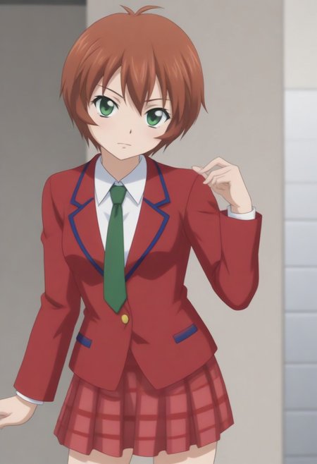 source_anime, anime screencap, source_anime, auratheguillotine, anime screencap, masterpiece, source_anime, shiny skin, 1girl, chinkyuu koudai, short hair, brown hair, green eyes, <lora:chinkyuu_pony-000007:0.8> red blazer, white shirt, green necktie, plaid skirt, pleated skirt,
