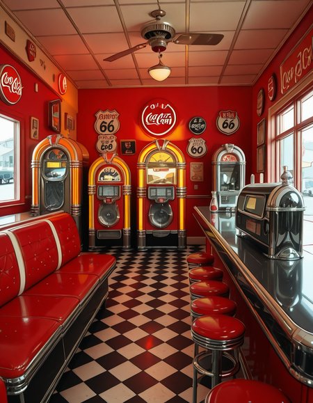 A classic 1950s American diner with a nostalgic retro atmosphere. The interior features red and white leather booth seating, chrome-trimmed tables, and a long counter with matching red barstools. A vintage jukebox with colorful neon lights stands against the wall, ready to play rock 'n' roll hits. The checkered black-and-white floor contrasts with pastel-colored walls adorned with Coca-Cola signs, Route 66 memorabilia, and classic diner menus. A row of shiny chrome napkin dispensers and glass salt and pepper shakers sit neatly on the tables. A milkshake machine and an old-fashioned soda fountain rest behind the counter, next to a vintage cash register. Large windows let in soft daylight, reflecting off the gleaming surfaces, creating a warm and inviting retro ambiance.
<lora:SDXLFaeTastic2400:0.4> <lora:extremely_detailed:0.4> extremely detailed,1950s American d1n3r, <lora:1950s_American_d1n3r-i:1>, Masterpiece,best quality,hi res,8k,hi res,8k,award winning,(sharp focus, intricate, highly detailed),