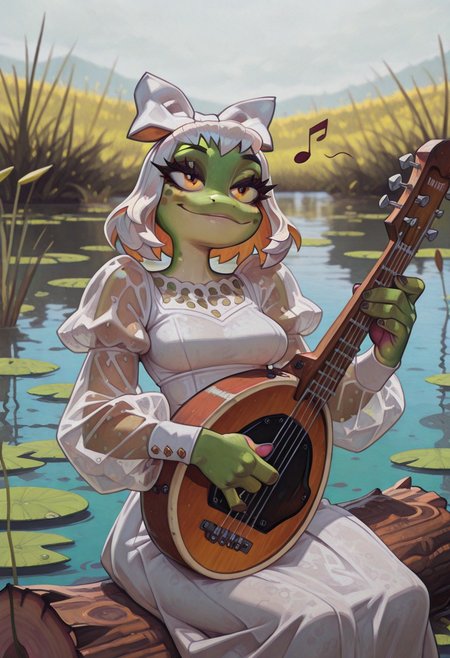 masterpiece, best quality, absurdres, highres, high quality, highly detailed,
1girl, solo, grungrace, anthro frog, spots, green skin, no humans, smile, white hair bow,
breasts,
white dress, fringe trim, puffy sleeves, see-through sleeves,
upper body, face focus, portrait,
banjo, playing instrument, musical note,
outdoors, depth of field, cinematic, sitting on log, lily pad, wetland,
no lineart, pixelsketcher,