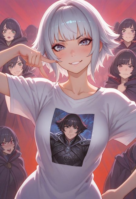 score_9, score_8_up, score_7_up, score_6_up, masterpiece, best quality, high res, pinup pose, source_ecchi, anime, ((ecchi)), ((nsfw)), high resolution , intricate detail, lush detail, really detailed face, Firm Anatomy, Ultra realistic digital art, (jdfb) is a divine white haired motherly cosmic god in space, ((overwhelming power and perfection)), sci fi, skimpy chrome metallic robes, (glowing golden eyes), Feminine, ((Perfect Face)), ((Sexy Face)), ((sexy appearance)), ((sexy body)), ((Detailed Pupils)), (Anders Zorn, ilya Kuvshinov, jean-baptiste Monge, Sophie Anderson, Gil Elvgren), Evocative Pose, Smirk, Look at Viewer, ((Tee Shirt)), (Intricate), (High Detail), Sharp, <lora:studio_madhouse_xl_v1:0.65>, <lora:trt_v0.3_noobai_cwhj:0.5>, <lora:princess_xl_v2:0.8>,  <lora:add-detail-xl:-1>, <lora:aesthetic_anime_v1s:1.2>