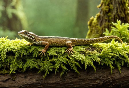Cinematic, Cinematic Lighting, Cinematic Shot, extremely detailed, Film Still, macro photography, depth of field,  high detail, hires textures, incredibly detailed, intricate details, intricate diorama, masterpiece, Movie Still, outstanding intricacies, photorealism, true masterpiece, fountain background, glamourous, Stately, lizard, skink, Plestiodon, cry5t415ku11, Pacific Northwest conifer forest, sitting beneath a rotten log with mold and moss.