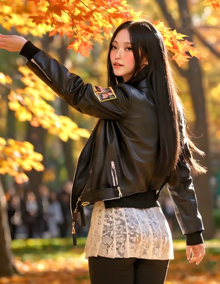 NJZH43R1N, In a vibrant late-afternoon sunlit park, a captivating woman with long black hair cascading down her back, adorned in a sophisticated black jacket with long sleeves that conceal her hands, stands tall and poised. Her lips are slightly parted, revealing a hint of the inner beauty that radiates from within. The camera is positioned at an angle that emphasizes her slender figure and the play of light on her jacket, creating a captivating portrait against a backdrop of verdant trees and colorful autumn leaves gently rustling in the wind.