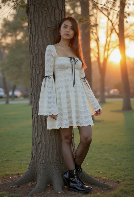 full body shot, beautiful young woman, black hair, clo027, wearing a cream lace dress with detailed scalloped patterns,  black ribbon details, paired pantyhose with black lace-up boots, leaning on a tree in a park, beautiful sunset,