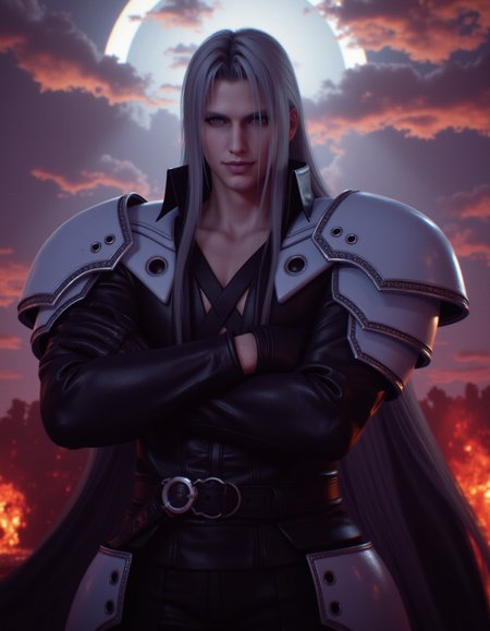 Sephi_rot_2025, The image is a CGI-rendered digital artwork featuring Sephiroth in a Fantasy Background <lora:Sephiroth_2025-000009:1.0> <lora:AntiBlur:1.0>
