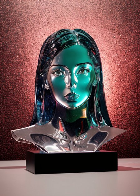 A striking portrait of glasssculpture, woman, with a futuristic sci-fi cityscape in the background, rendered in a hyperrealistic style with crisp details and cinematic lighting, done by artists such as Filip Hodas, Petros Afshar, and Anato Finnstark.
