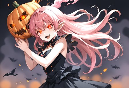 (masterpiece), (score_9, score_8_up, score_7_up,source_anime), 4K8K, 
(from side), misty, steam, fog, Floating Halloween pumpkins, 
halloween, halloween fantasy, (jakkRo), 
(pumpkinhead woman, Pumpkinhead:1.3), (solo), (Glossy skin, pale skin:1.3),  (hugging myself), blue flame, burning pumpkin, (dark aura:1.4), (smirk, half-opened mouth, Canine, tooth, fang1.2), 
(medium figure:0.9), (pointy breasts:1.1), 
(pink hair, ultra long hair, glowing eyes), 
(wearing vampire cos, dress, makeup, red and black dress, Miniature Hats, zettai ryouiki, thighhighs:1.2), 
(emperor's audience room, dark room:1.3), elf ears,
