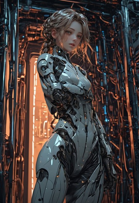cpunk, 
score_9, score_8_up, score_8, female, cel-shading, backlit, delicate features, very long hair, (braid), upper body, big breasts, techwear, cyborg, techwear, dynamic pose, freckles, glowing machine parts, jumpsuit, edgelit, seductive smile, cold, Taller than the door, workshop, detailed background, wide hips, thick thighs, ((smug)),