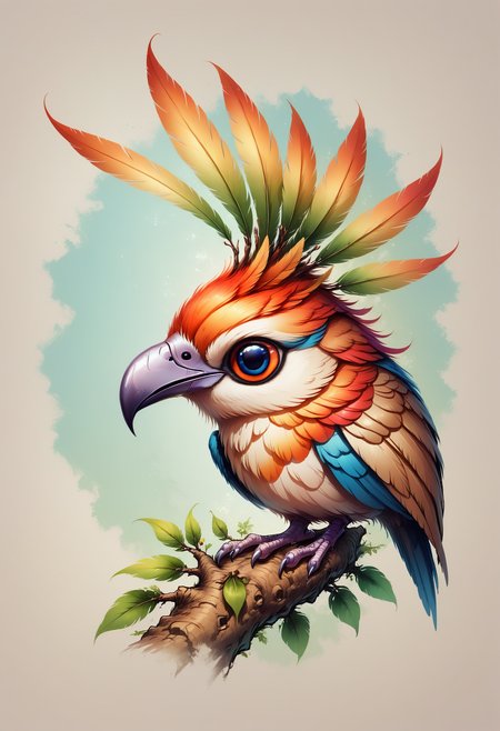 Faded Headshot, faded bottom, faded edges  <lora:FadedHeadshot:1>,score_9,score_8_up,score_7_up,score_6_up,score_5_up,score_4_up  vibrant beautiful fantasy bird, with long detailed feathers, perching on a tree branch, bright colors, high contrast, vivid lighting, faded illustration, colored pencil sketch, nature book