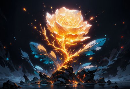 A glowing, ethereal rose made of pure energy radiates in a stunning composition. Its petals shimmer with a warm golden-orange hue, as if lit from within by molten light, while the edges transition into a cool, icy blue that gives them an otherworldly glow. The delicate veins running through the petals resemble branches of energy, as faint embers drift into the air, suggesting a slow, magical burn. The thick, firm stem, intricately detailed, pulses with vibrant golden veins that trace its length, while the glowing light intensifies at the points where the thorny offshoots branch out. The leaves combine deep, shadowy blues with glowing orange cracks, as though imbued with smoldering embers beneath their surface, its edges appear to glow brightly in ethereal white. The background is an infinite void of deep blackness, providing stark contrast to the luminous rose and emphasizing its radiant glow. Floating specks of orange light drift around the rose, resembling embers suspended in stillness, enhancing the dreamlike, mystical atmosphere. The overall visual style is a blend of fantastical realism and digital artistry, balancing delicate natural forms with the intensity of glowing energy, creating an image both serene and powerfully alive, as though the rose exists in a realm where light and life are inseparable. <lora:DGLO_style_v.6:0.9>