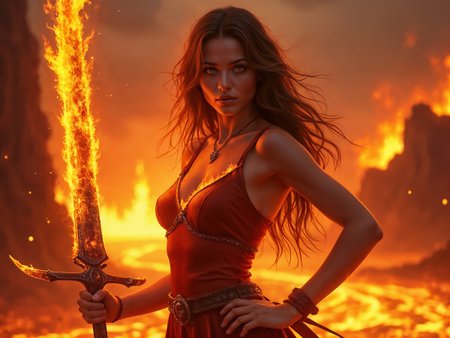 A hyper-realistic, semi realistic, ultra detailed, 8k, high quality, hi res, high quality, detailed eyes, perfecteyes, detailed face, 1girl, sharp focus, cowboy-shot, focus on hip, (1girl:1.2), fire elemental, fiery form, (flaming sword in hands:1.65), (((glowing ember skin, long flowing lava hair))), realistic, cinematic angle, cinematic lighting, ethereal body, intense face, burning orange eyes, dynamic pose
rising from a volcanic crater at sunset
source_fantasy_art, rating_explicit, expressive, ((half body, front view)), dynamic pose
detailed beautiful background, molten lava, billowing smoke, glowing embers, rugged volcanic rocks, dramatic sunset, fiery atmosphere
(((full clothed)))