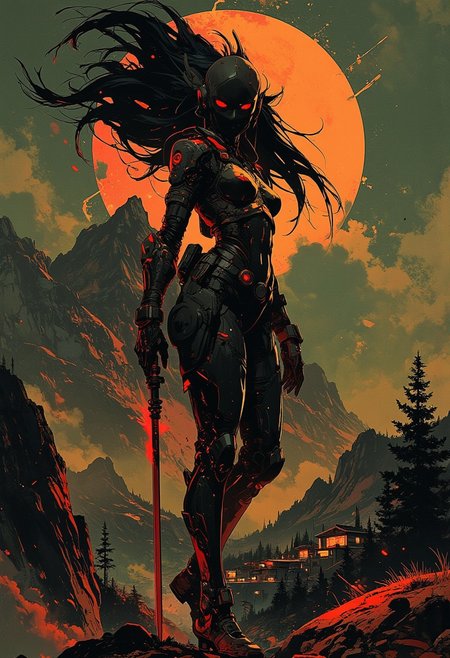 in the style of ck-mgs, nistyle, Inkplash art on rice paper, sepia, henna, Silhouette Art, magnificent, inksplash, closeup portrait, female spartan warrior, flowing black hair, reflective black and neon red armor, futuristic armor, holding a futuristic spear, abstract background suggesting a mountain top, overlooking a village in a valley, midnight atmosphere, moonlight, moon rays, night, Cowboy Shot, close up,