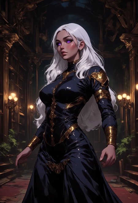 "An elegant and striking Drow elf woman stands confidently in the center of a grand hall, adorned with intricate Drow motifs reminiscent of dark fantasy worlds like the Forgotten Realms. Her skin is smooth and jet-black, a mesmerizing contrast against her flowing, long silver hair that cascades down her back. She wears an elaborate outfit in black and gold that highlights her athletic, sculpted figure, exuding a gothic elegance. Her piercing eyes, glowing with an intense purple hue, watch over the room with a regal, yet dangerous allure. The scene is lit with dim, mystical lighting, casting long shadows across the sophisticated elven architecture, filled with dark, intricate designs. The atmosphere is rich with theatrical sophistication, steeped in the dark, arcane beauty of the Drow culture, without falling into visual excess or clutter, making the entire setting feel like a captivating dark fantasy realm."