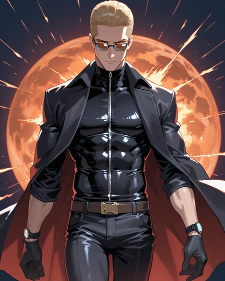 PonyScores7, source_anime, ah1, best quality, (masterpiece:1.4), (high quality:1.4), sharp focus, 4k, absurd resolution, <lora:albertwesker-guy-PONYv1:0.8> albertwesker, albert wesker, 1boy,  blonde, black gloves, (sunglasses:1.3), belt, black coat, black pants, looking at viewer, toned, athletic, fit, slicked back hair, black turtleneck, zipper, mature male, black boots, (unscrupulous trader, cunning with a calculating look and a collection of rare stones), (going to a zoo, they watch the animals and share their favorite moments), bad-hands-5, (frustrated), <lora:xl_more_art-full_v1:0.2>, <lora:shinyskin2:0.2> glistening skin, <lora:aesthetic_anime_v1s:0.2>, <lora:Expressive_H:0.2> Expressiveh, <lora:hairdetailpxl:0.2> hairdetailpxl, <lora:detailxl:0.2> detailxl, (Spot Metering shot), (focused, intense glare), slit pupils, short hair, (reddish orange eyes), best quality, amazing quality, best aesthetic, absurdres, <lora:expressive eyes:0.2> expressive eyes, <lora:eyedetailpxl:0.2> eyedetailpxl, illustration, Volumetric_Lighting, ultra-detailed, very aesthetic, intricate details, 8k, masterpiece, best_quality, (angular face, sharp_featured face), <lora:Eyes_High_Definition:0.4> EyesHD,