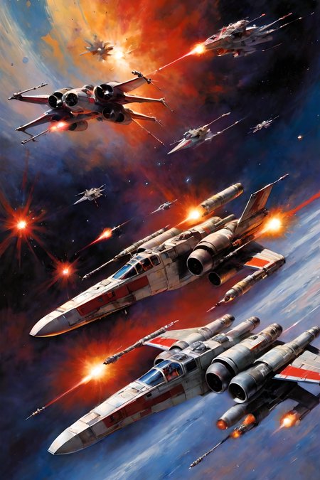 art by john berkey, a masterpiece, stunning detail, a rebellion X-Wing flying through the galaxy, firing red laser missiles, being chased by the empires tie-fighters, 