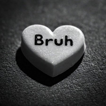 cinematic, ((black and white, monochrome, greyscale)), close up, of a candy heart, sweetheart, that says 'BRUH', noise, detailed, high quality, cinematic lighting, contrast, heavy dynamic shadows, atmospheric,