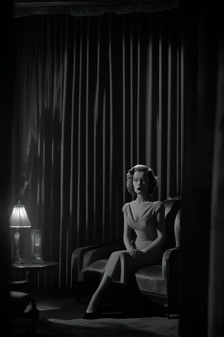 <lora:Director David Lynch style:1>Director David Lynch style - A woman waiting in a speakeasy with red curtains and luxurious furniture, black and white, background shrine, full body character design, dramatic film noir movie screengrab, 1945 era, volumetric visor light, eye light, interior scene shot on a Fujifilm Velvia