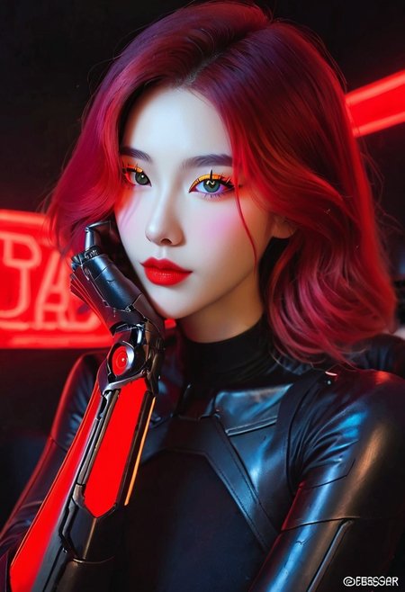 score_9,score_8_up,score_7_up, A close-up portrait of a slender woman with glowing red cybernetic arms resting by her sides. Her black, shoulder-length hair is sleek and smooth, partially covering one glowing red cybernetic eye. Her outfit is a high-tech, matte black bodysuit with crimson accents glowing faintly along the seams. The background is an ominous mix of dark shadows and glowing red neon lights, casting dramatic highlights across her metallic features, krgrl, korean girl, cute korean girl, korean makeup, korean eyes