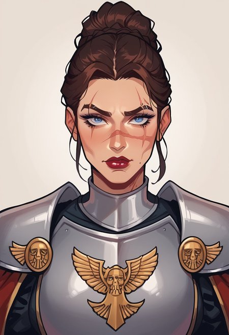 score_9, score_8_up, score_7_up, score_6_up, score_5_up, score_4_up, eye contact, looking at viewer, source_anime, naughty traditional art, lineart, DC, woman, rating_questionable, zPDXL, medieval office, knight lady,  upper body portrait, scar over left eye, updo braid, knight armor, cuirass, gorget, pauldrons, breastplate, warhammer40kcommissar