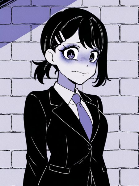1girl, monochrome, purple theme, 
higashiyama kobeni,
black hair, ponytail, hairclip, 
black suit, black jacket, pants, necktie, formal,

looking at viewer, nervous, closed mouth, wavy mouth,
upper body, brick wall, standing, 