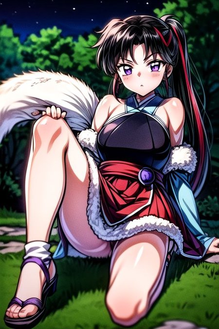 masterpiece,  best quality 1girl Setsun4 solo long hair,  (night time) forest background black hair very long hair purple eyes multicolored hair armor (fur trim) (medium body),<lora:EMS-179-EMS:0.800000>,<lora:EMS-293862-EMS:0.800000>ascot, bare shoulders, black footwear, detached sleeves, embellished costume, frills, japanese clothes, nontraditional miko, red skirt, sandals, sarashi, skirt, socks, armor, miko