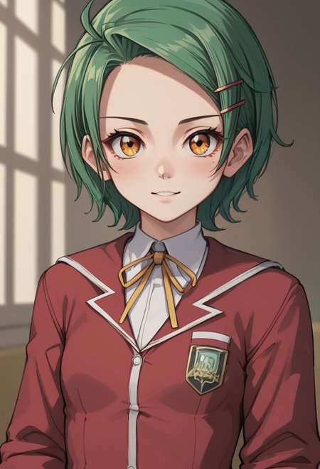 score_4,score_5,score_6,score_7_up,score_8_up,score_9
((masterpiece,best quality,ultra detailed,highres,HD,4k:1.2)),
(small breast:1.2),1 cute girl,solo,
Erika,lime green hair,very short hair,orange eyes,((hairpin)),parted bangs,
school uniform, red cardigan, black miniskirt,