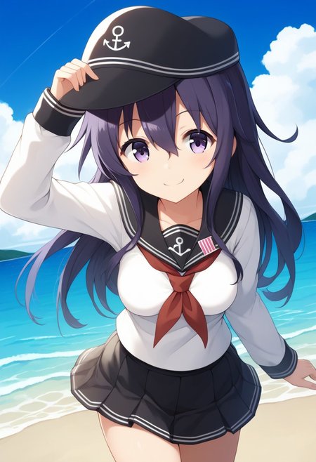 score_9,score_8_up,score_7_up,source_anime,anime, BREAK, 
(cute),1girl, akatsuki (kancolle), (medium breasts), purple hair, long hair, hair between eyes, purple eyes, 
serafuku, black flat cap, black sailor collar, black mini skirt, long sleeves, neckerchief, sailor collar, 
smile, cheerful, 
any pose, 
angle:random, 
outdoors, shiny light, beach,