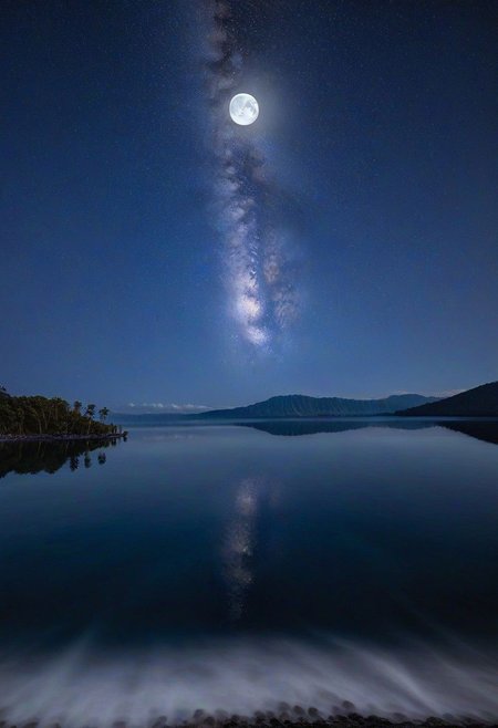 ocean, stars, moon, calm, birds, palm trees, beach, reflections, water tides, 8k, highest resolution, masterpiece, night, fireflies, villa, lights, cloud, cherry blossom, day, fantasy, fish, lake, landscape, high snowy mountain, no_humans, ocean, outdoors, river, scenery, sky, splashing, water, watercraft, waterfall, waves, ultra realistic, photorealistic, sea, ocean, (reflection), (ray tracking), (unreal engine), (Japanese), top view, high elevation, (water reflection), (clear water), photorealistic, 8k, unreal engine, super great 3d render, 3d, 3d ray tracking, liquid, super high quality, (super close look at water), Milky Way, Night sky, Painstaking Attention To Details