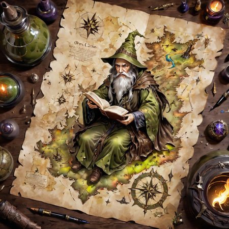 old book style ink illustration, on parchment on a map sitting on a wizard on desk, ((wizard's camo is olive drab)), ink splashes, ink stains, ink smears, faded ink, magical spell, paintless,