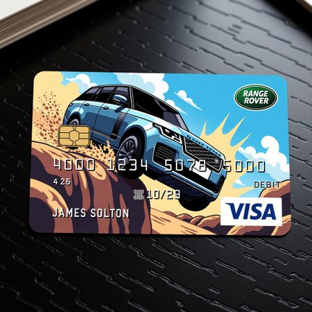 The image is a digital illustration on a custom Visa credit card, featuring an anime-style Range Rover car jumping off a cliff. The scene is dynamic, capturing the car in mid-air with intense action and motion, surrounded by dust and debris. The Range Rover is designed with sleek, futuristic lines, enhanced by bold, vibrant colors typical of anime style.
The card is laying on a black wood table, with the camera angle set at a 45-degree view from above. The table’s texture and reflections are visible, creating a realistic contrast with the intense, stylized action on the card. The car’s movement is enhanced with motion blur and exaggerated details, making it appear as if the car is leaping from the cliff with incredible speed and energy.
The card design features intricate borders and metallic accents, adding depth to the scene. The background of the image should have a sense of dramatic perspective, showing the cliff edge, distant rocks, and a blurred horizon. The colors should be vibrant, with dramatic lighting and shadows that highlight the action.