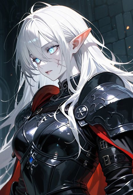 masterpiece, best quality, newest, absurdres, highres, GOTPV1.0, oil painting (medium), 
1girl, pale, white skin, colored skin, pale skin, soft lips, glossy lips, elf, pointy ears, detailed eyes, glowing eyes, muscular woman, armor, cape, leather armor, scar, scars on face, white hair, long hair, messy hair, black armor, black leather,