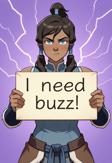 korra, the legend of korra, need_buzz, holding sign. background of purple lightning. pouting face