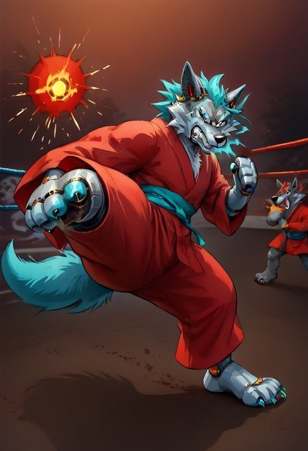 (((Barefoot furry character, full body, cinematic setting, furry male, plantigrade))) 
(((Gilliam))), wolf boy, ((red kimono and pants, training kung-fu on outdoors training ground, fighting stance, dynamic pose, perform side kick)), nice feet paws, three toes, claws, pawpad, determined look
BREAK
(((gilliam wolf, evil eye, sharp, tire body, red fluff tail, cyan hair, robot, wolf, metallic))), (((kicking, kicking at viewer, stands on one feet)))
BREAK, intricate details, highly detailed, extreme detail, octane render, fine art, best quality, highres, (detailed face:1.5), ((full_body)), UHD, (((perfect hands))), low light