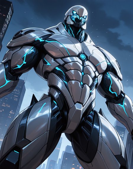 score_9, score_8_up, score_7_up,
8K, In'ei, chiaroscuro, perfect depth of field shot, beautiful, sharp focus, crisp details, masterclass animation, photographic realism, source_anime,
<lora:Kaiju_Drone_(Pacific_Rim)_(Illustrious)_(AD):1> Kaiju Drone, Pacific Rim, muscular, robot, mecha, 
exterior, night sky with dark clouds, city skyline, destroyed skyscrapers, chaotic war zone, dark smoke, 
dynamic action, bent leg, cowboy shot, dutch angle, low angle shot, male focus, kaiju, monster, sharp white teeth, multiple rows of glowing blue eyes, ((glossy white metal body)), bioboosted armor, black kaiju skin with glowing blue veins, evil, villain, unstoppable, invulnerable, mechanical perfection, genetically perfect bio engineered kaiju, bioboosted armor, mecha armor, hyper intelligent, super strength, bio mechanical,
thick arms, thick legs, large shoulders, large biceps, abs, wide thick upper body, large rounded protruding pecs, thick neck, hyper muscular, jacked body, 
BREAK zPDXL, Smooth Quality, IllusP0s,