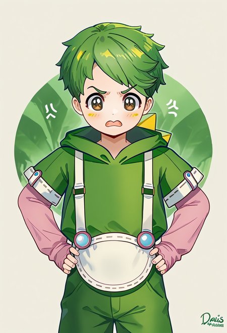 AwanoPB, 1boy, green hair, green iris, brown pupils, yellow blush, white suspenders, white round belly apron, short-sleeved green hoodie with white accents, long fingerless pink arm warmers, green pants, pink sneakers, white outsoles, <lora:AwanoPB:1>, Wangstyle,looking at viewer, <lora:DSC Style:1>DSCStyle, blush , confused ,  nervous, ??? ,solo ,, Score_9, Score_8_up, Score_7_up ,, Angry, mouth open in anger, side view, hands on hips, 
DSCStyle, round eyes, exaggerated proportions, cartoonish features, anime-inspired, cute aesthetics, cartoonish proportions, stylized anatomy, soft shading, warm color palette, semi-flat coloring, vibrant tones, warm and inviting tones, playful expressions, expressive poses, minimal texture, polished finish, whimsical atmosphere, smooth lines, glossy highlights, minimal detail, clean outlines, consistent line weight, gentle highlights,