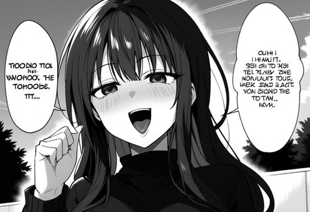 MangaStyle, greyscale, monochrome, text bubbles, japanese text,
outdoors, sky,
konodiopose, 
BREAK
(konodiopose:1.3), pointing, parody, meme, smile, open mouth, style parody, upper body, thumb pointing at self.
uzume mikoto, 1girl, solo,
turtleneck sweater, long sleeves, black sweater, 
long hair, black hair, empty eyes, 
tongue out, blush, half-closed eyes, shaded face,
breasts, >:), looking at another,